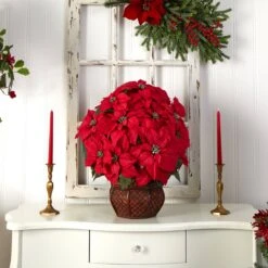 Poinsettia W/Decorative Planter Silk Arrangement -Artificial Flowers Sale artificial poinsettia wdecorative planter silk arrangement nearly natural 772898