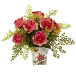 Rose & Maiden Hair W/Floral Planter 17 Rose & Maiden Hair W/Floral Planter -Artificial Flowers Sale artificial rose maiden hair wfloral planter nearly natural dark pink 853358